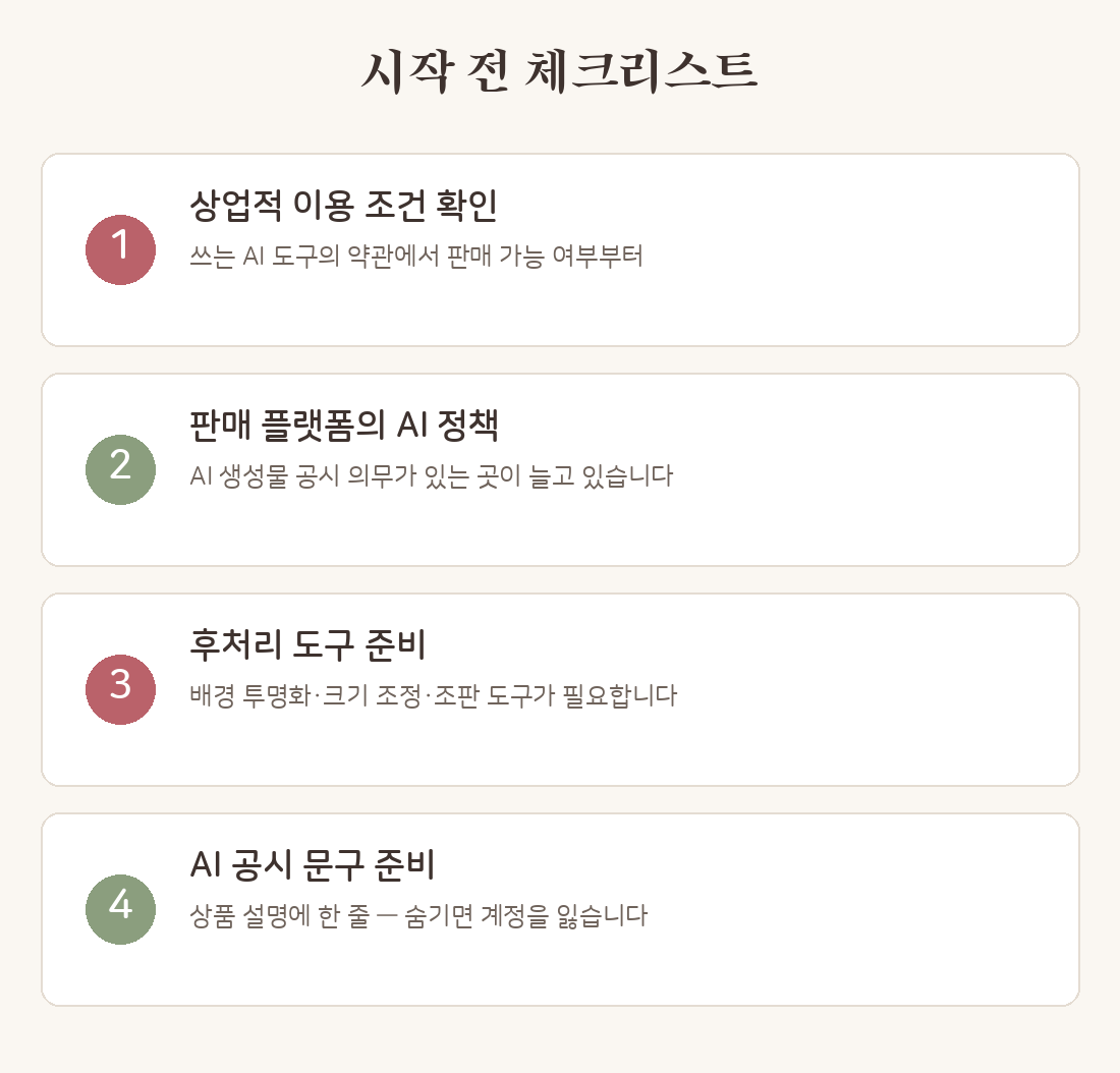 시작 전 체크리스트 — 상업적 이용 조건, 플랫폼 AI 정책, 후처리 도구, AI 공시
