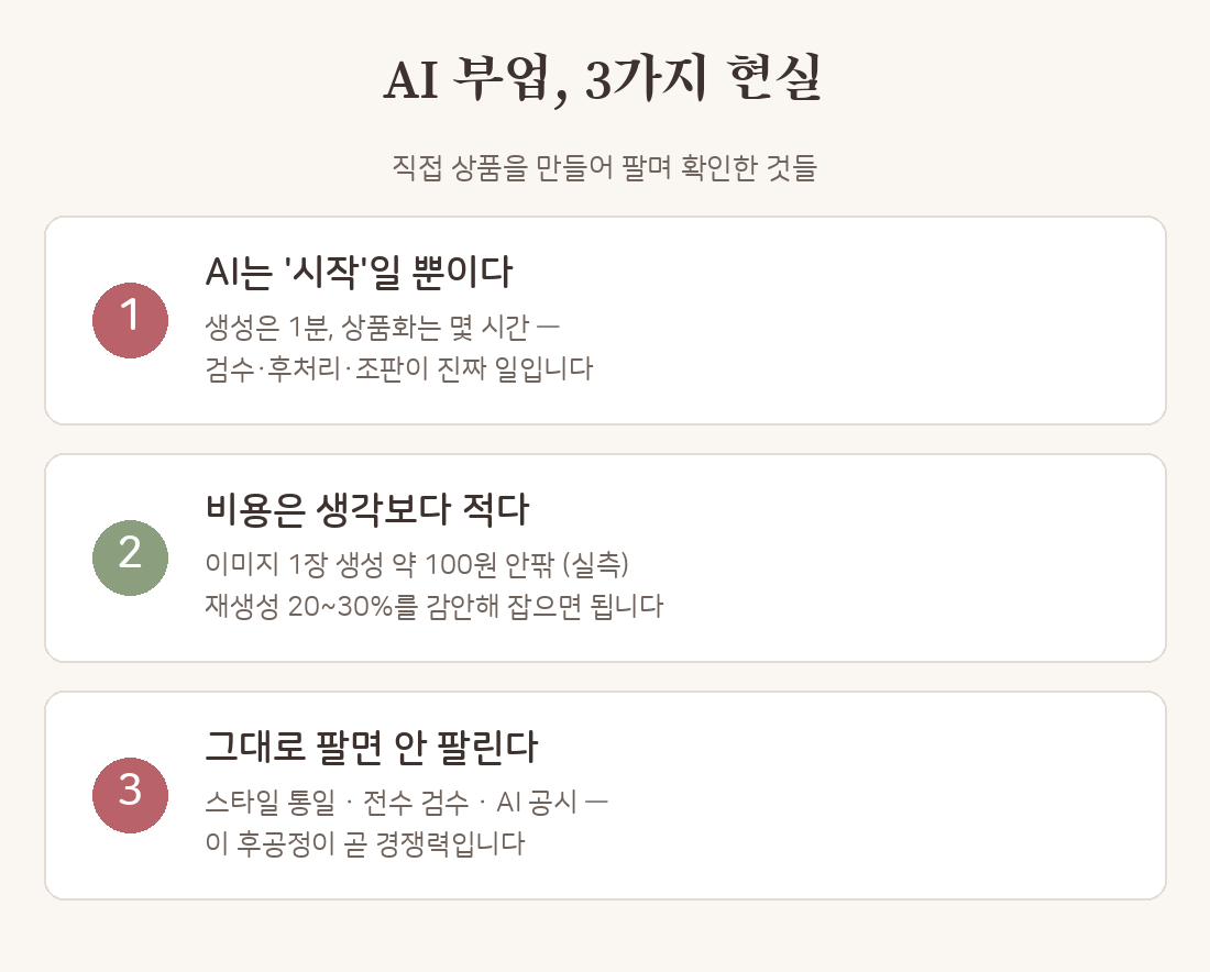 AI 부업 3가지 현실 — 생성은 시작일 뿐, 비용은 적다, 그대로 팔면 안 팔린다