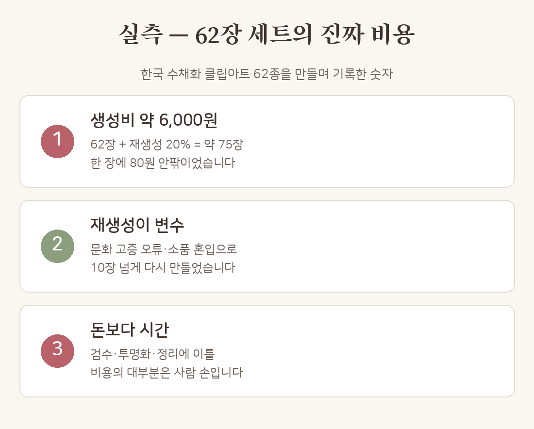 62장 세트의 실제 비용 — 생성비 약 6천원, 재생성 20%, 시간이 진짜 비용