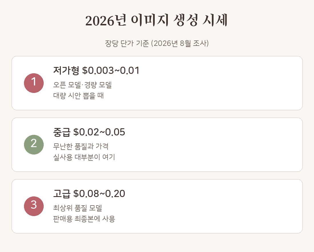 2026년 이미지 생성 시세 — 저가형 0.003~0.01달러, 중급 0.02~0.05달러, 고급 0.08~0.20달러
